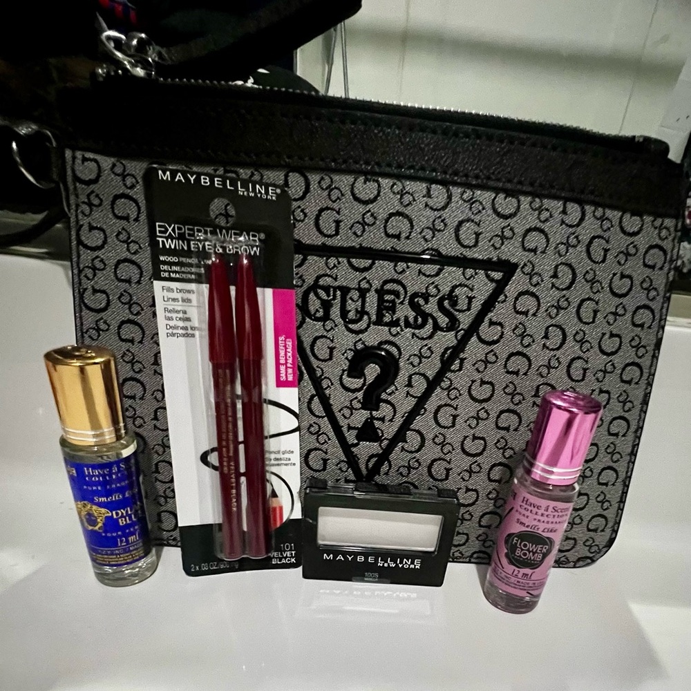 Guess Black and Gray Logo Pouch with Maybelline Makeup little bundle